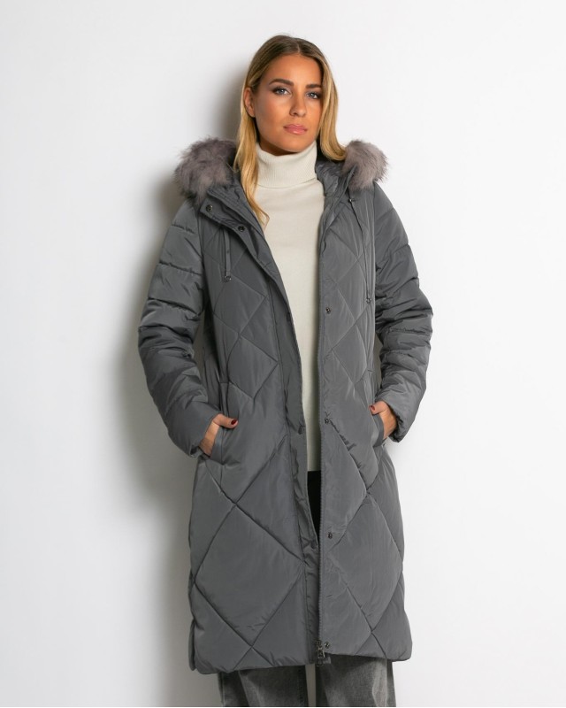 Μπουφάν μακρύ με κουκούλα & αποσπώμενη γούνα γκρι