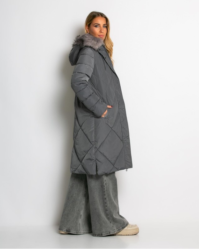 Μπουφάν μακρύ με κουκούλα & αποσπώμενη γούνα γκρι