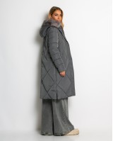 Μπουφάν μακρύ με κουκούλα & αποσπώμενη γούνα γκρι