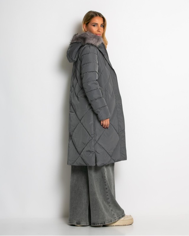 Μπουφάν μακρύ με κουκούλα & αποσπώμενη γούνα γκρι