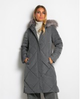 Μπουφάν μακρύ με κουκούλα & αποσπώμενη γούνα γκρι