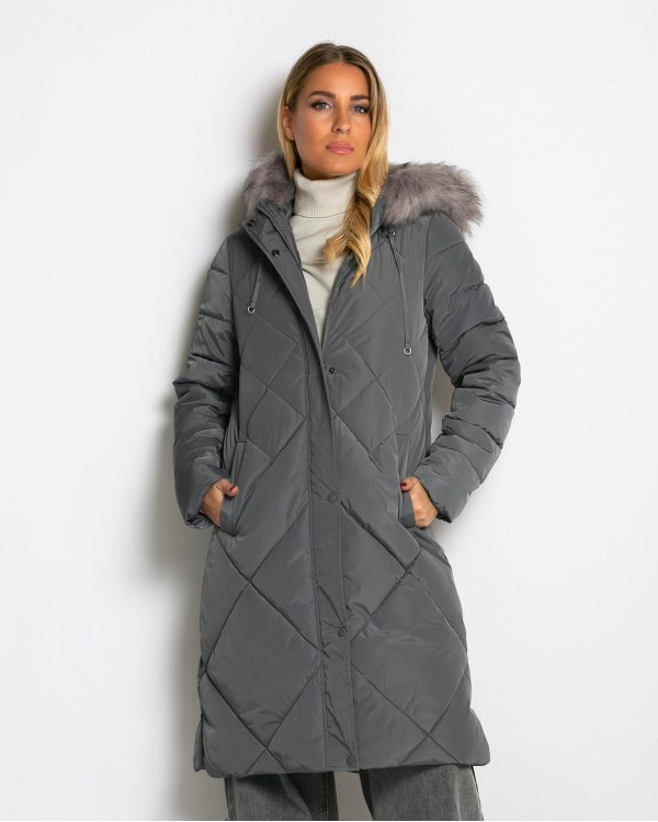 Μπουφάν μακρύ με κουκούλα & αποσπώμενη γούνα chocolate