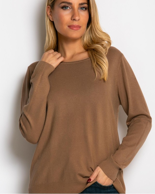 Μπλούζα ψιλό πλεκτό με λαιμόκοψη ταμπά