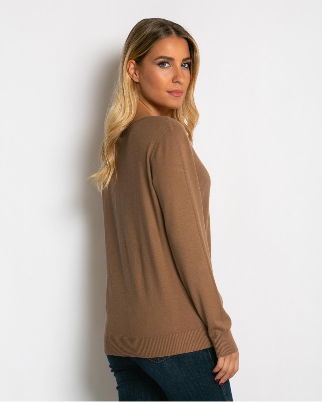 Μπλούζα ψιλό πλεκτό με λαιμόκοψη ταμπά