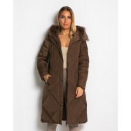 Μπουφάν μακρύ με κουκούλα & αποσπώμενη γούνα chocolate