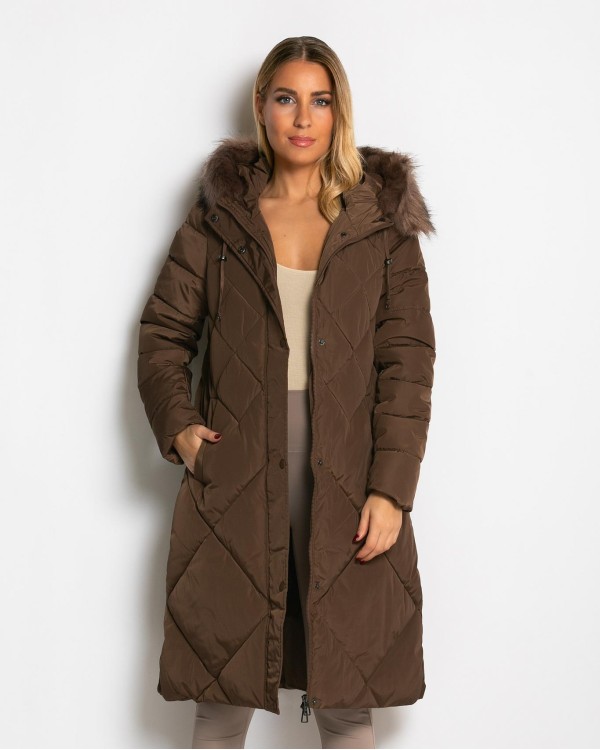 Μπουφάν μακρύ με κουκούλα & αποσπώμενη γούνα chocolate