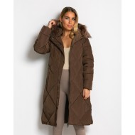 Μπουφάν μακρύ με κουκούλα & αποσπώμενη γούνα chocolate