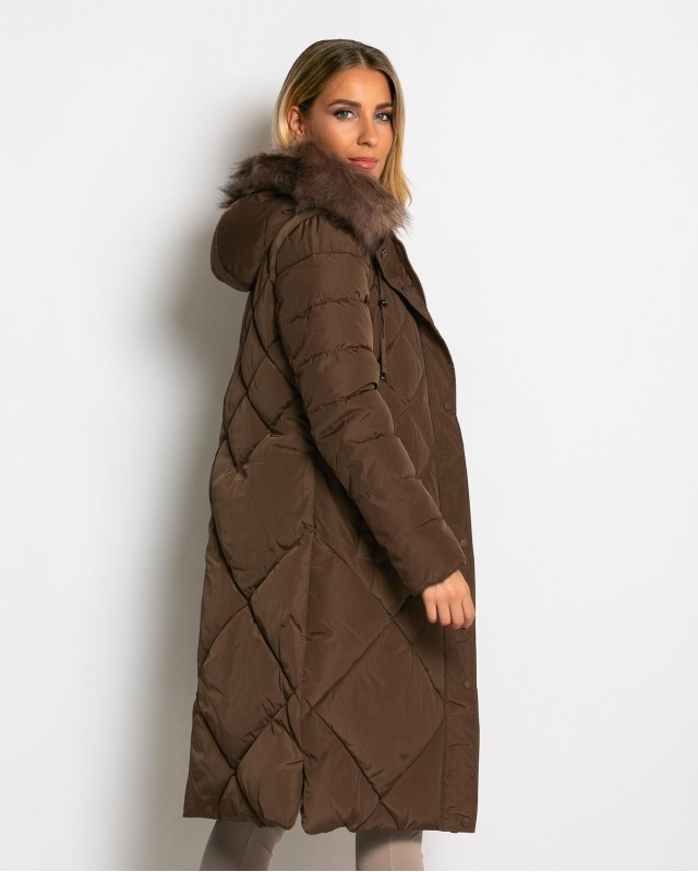 Μπουφάν μακρύ με κουκούλα & αποσπώμενη γούνα chocolate