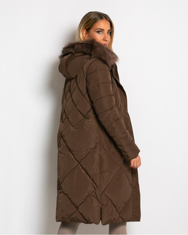 Μπουφάν μακρύ με κουκούλα & αποσπώμενη γούνα chocolate