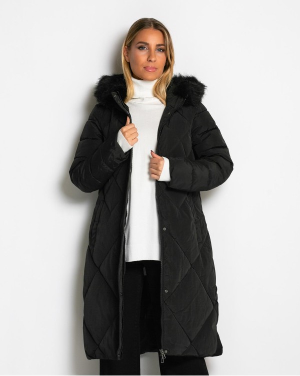 Μπουφάν μακρύ με κουκούλα & αποσπώμενη γούνα chocolate