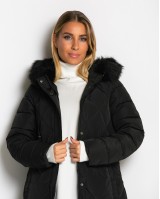 Μπουφάν μακρύ με κουκούλα & αποσπώμενη γούνα μαύρο