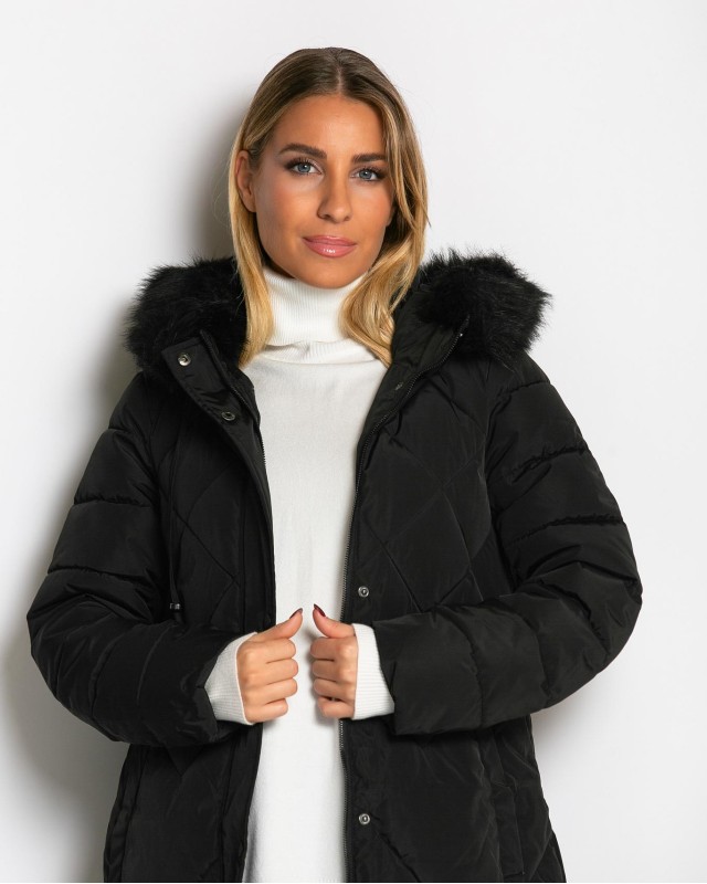 Μπουφάν μακρύ με κουκούλα & αποσπώμενη γούνα μαύρο