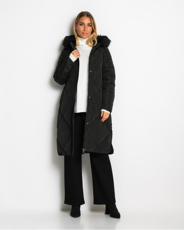Μπουφάν μακρύ με κουκούλα & αποσπώμενη γούνα μαύρο