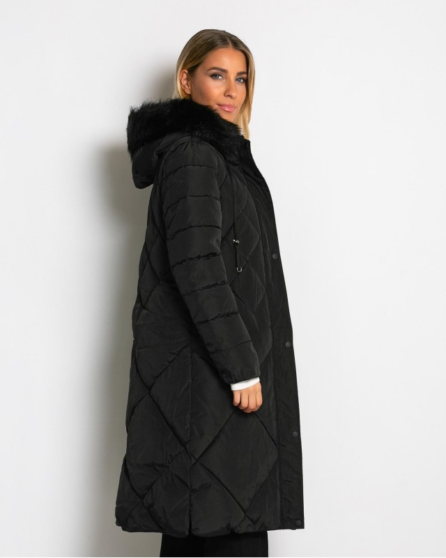 Μπουφάν μακρύ με κουκούλα & αποσπώμενη γούνα μαύρο