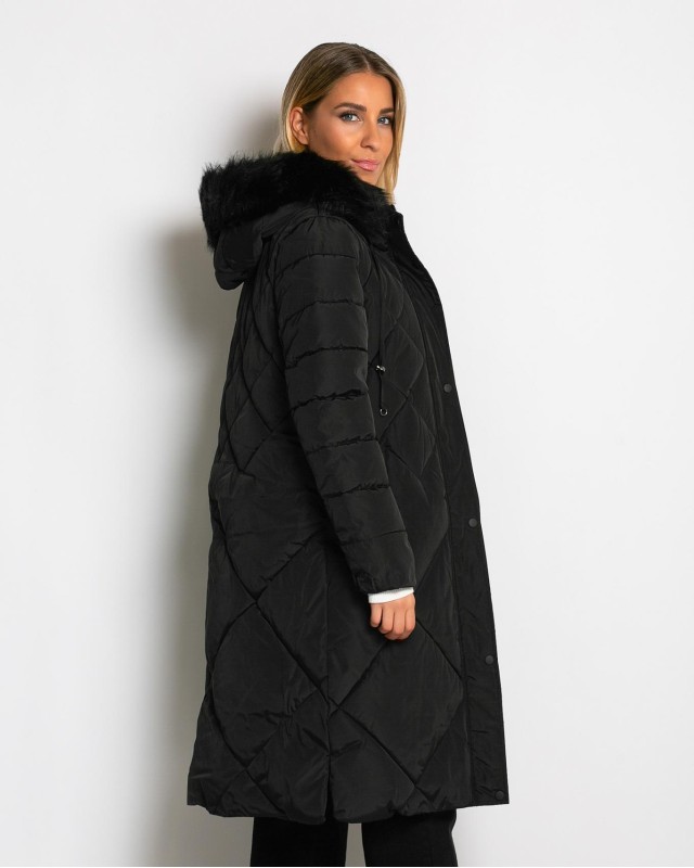 Μπουφάν μακρύ με κουκούλα & αποσπώμενη γούνα μαύρο