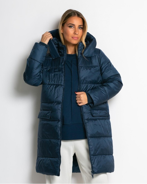 Μπουφάν μακρύ με κουκούλα & μπροστινές τσέπες navy