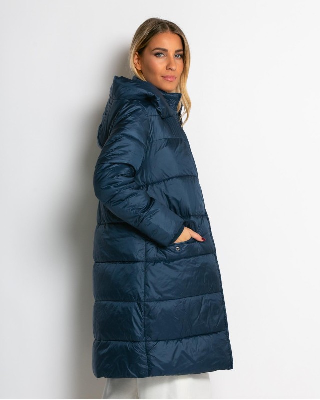 Μπουφάν μακρύ με κουκούλα & μπροστινές τσέπες navy