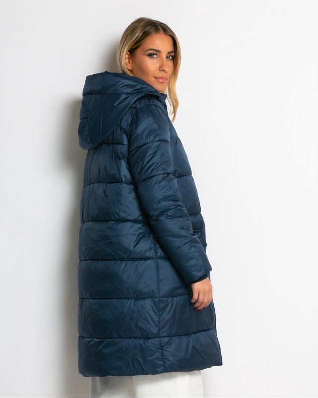 Μπουφάν μακρύ με κουκούλα & μπροστινές τσέπες navy