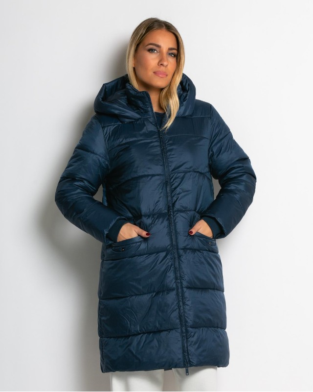 Μπουφάν μακρύ με κουκούλα & μπροστινές τσέπες navy