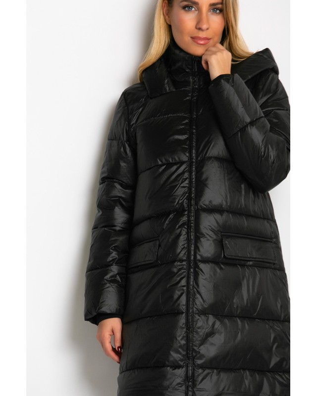 Μπουφάν μακρύ με κουκούλα & μπροστινές τσέπες μαύρο