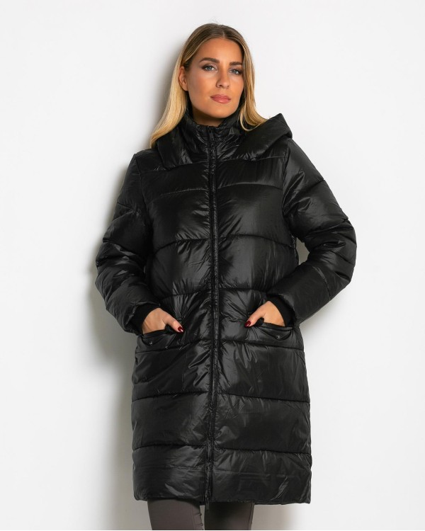 Μπουφάν μακρύ με κουκούλα & μπροστινές τσέπες navy