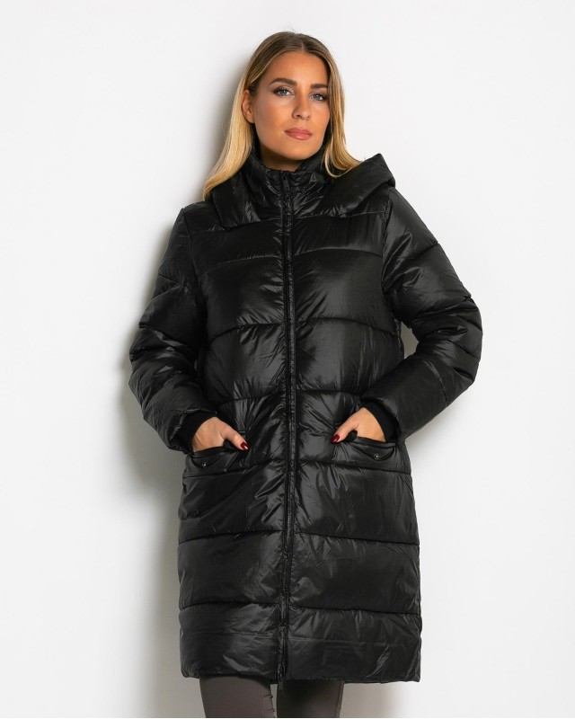 Μπουφάν μακρύ με κουκούλα & μπροστινές τσέπες μαύρο