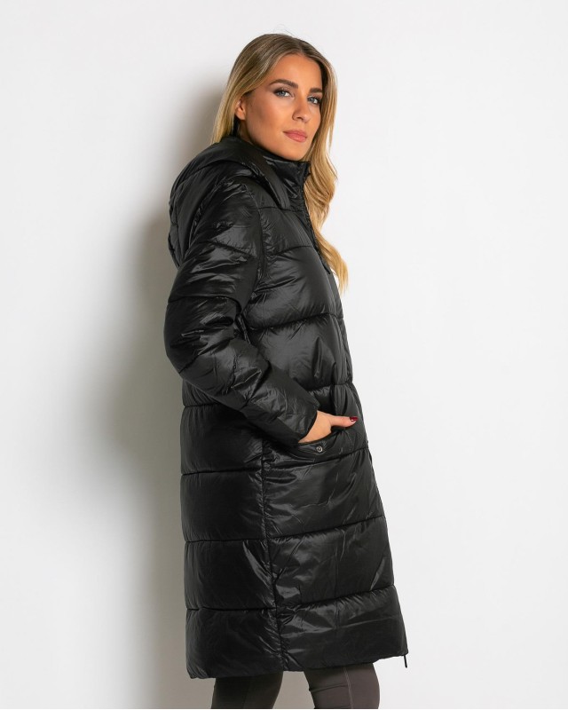 Μπουφάν μακρύ με κουκούλα & μπροστινές τσέπες μαύρο