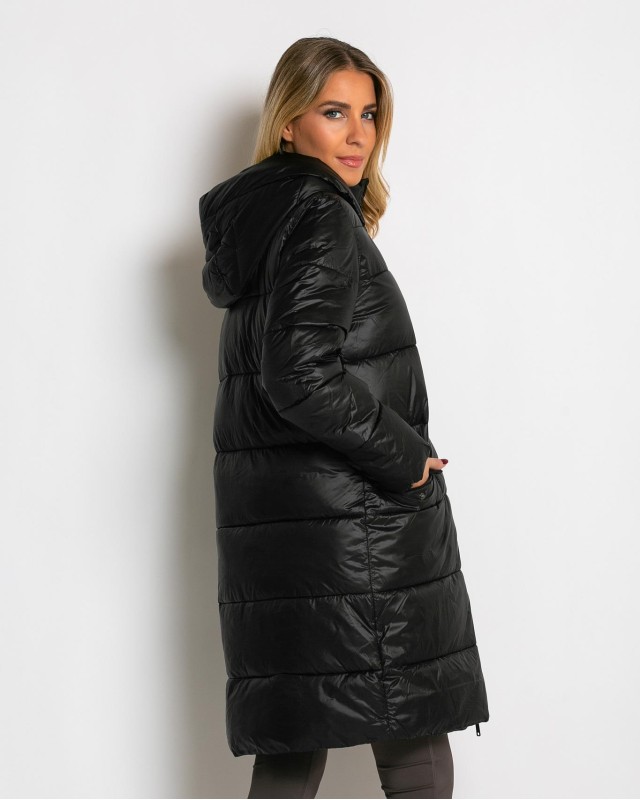 Μπουφάν μακρύ με κουκούλα & μπροστινές τσέπες μαύρο