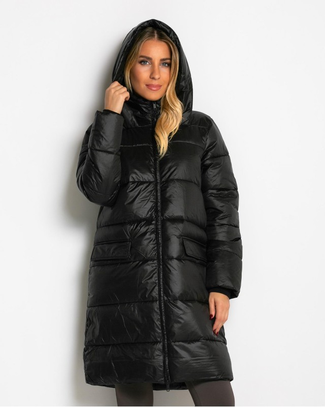 Μπουφάν μακρύ με κουκούλα & μπροστινές τσέπες μαύρο