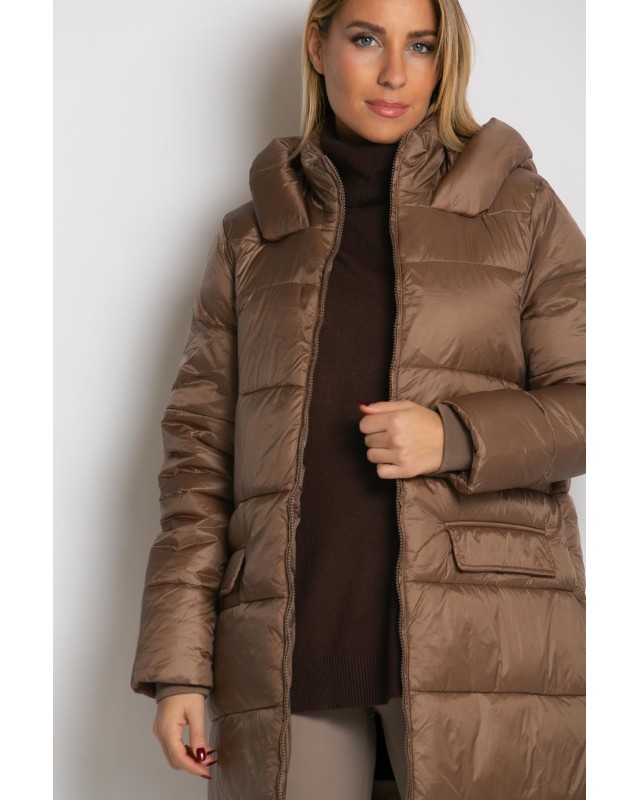 Μπουφάν μακρύ με κουκούλα & μπροστινές τσέπες chocolate