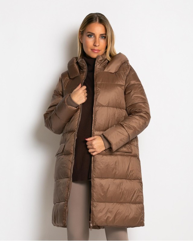 Μπουφάν μακρύ με κουκούλα & μπροστινές τσέπες chocolate