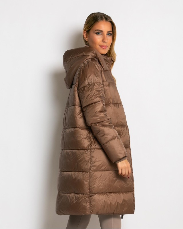 Μπουφάν μακρύ με κουκούλα & μπροστινές τσέπες chocolate