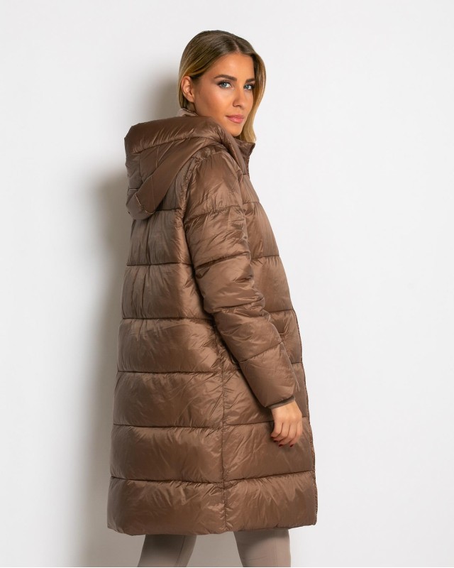 Μπουφάν μακρύ με κουκούλα & μπροστινές τσέπες chocolate