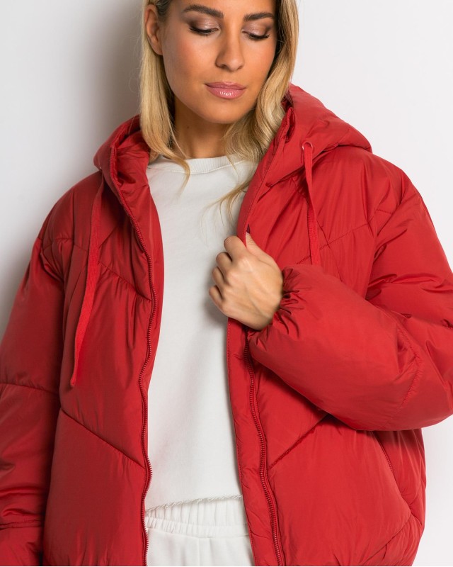 Μπουφάν puffer με κουκούλα & καπιτονέ σχέδιο κοραλί