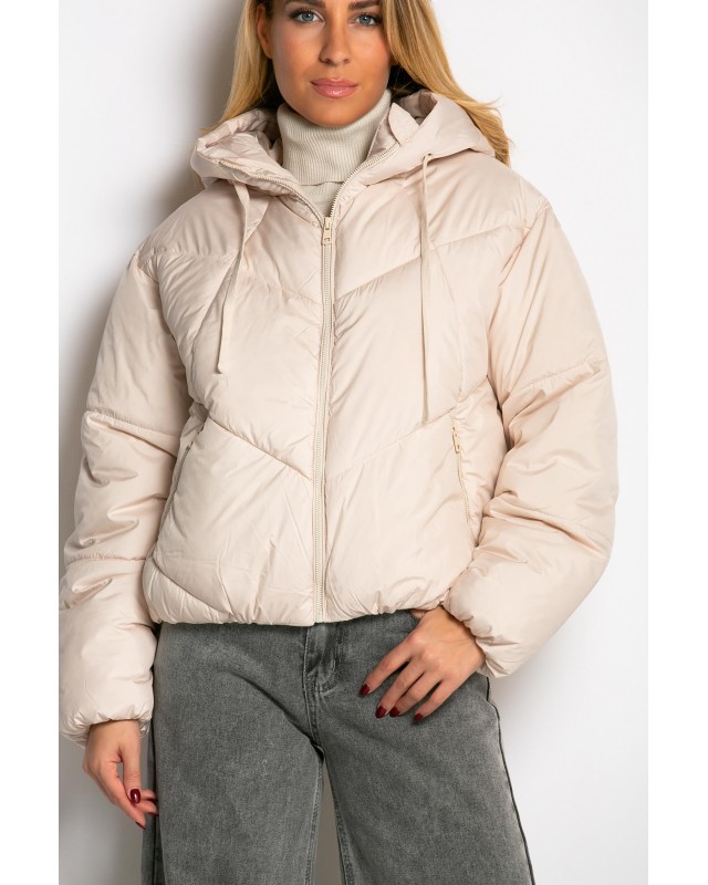 Μπουφάν puffer με κουκούλα & καπιτονέ σχέδιο εκρού