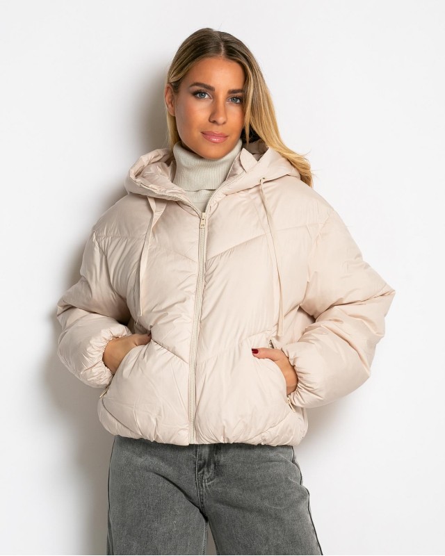 Μπουφάν puffer με κουκούλα & καπιτονέ σχέδιο εκρού