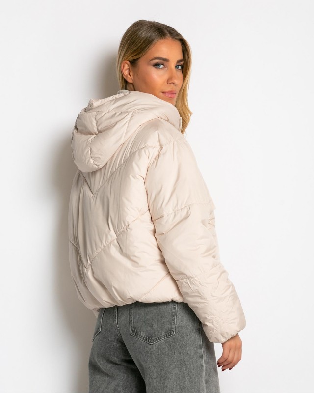Μπουφάν puffer με κουκούλα & καπιτονέ σχέδιο εκρού