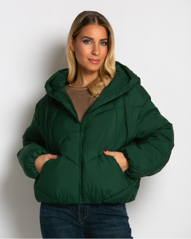 Μπουφάν puffer με κουκούλα & καπιτονέ σχέδιο κυπαρισσί