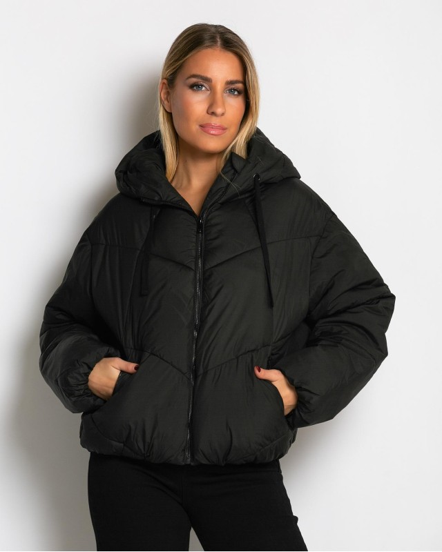 Μπουφάν puffer με κουκούλα & καπιτονέ σχέδιο μαύρο