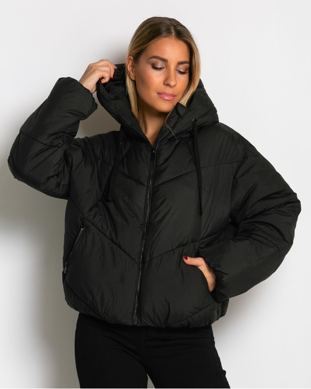 Μπουφάν puffer με κουκούλα & καπιτονέ σχέδιο μαύρο