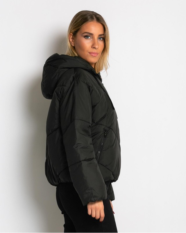 Μπουφάν puffer με κουκούλα & καπιτονέ σχέδιο μαύρο