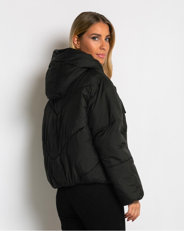 Μπουφάν puffer με κουκούλα & καπιτονέ σχέδιο μαύρο