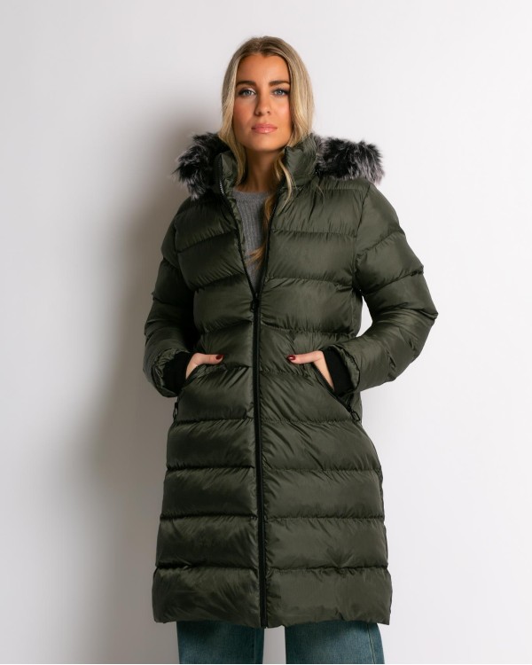 Μπουφάν μακρύ με κουκούλα και γουνάκι χακί