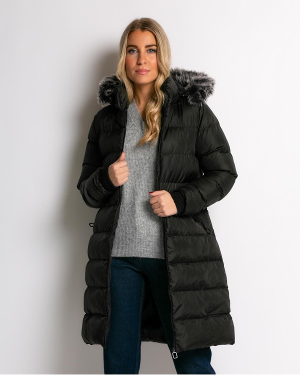 Μπουφάν μακρύ με κουκούλα και γουνάκι χακί