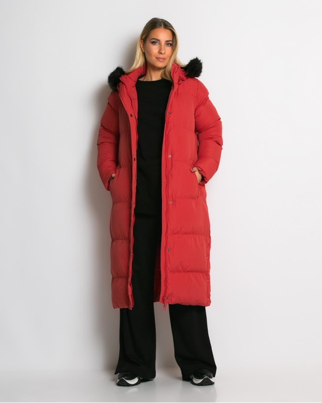 Μπουφάν μακρύ με αποσπώμενη κουκούλα κοραλί