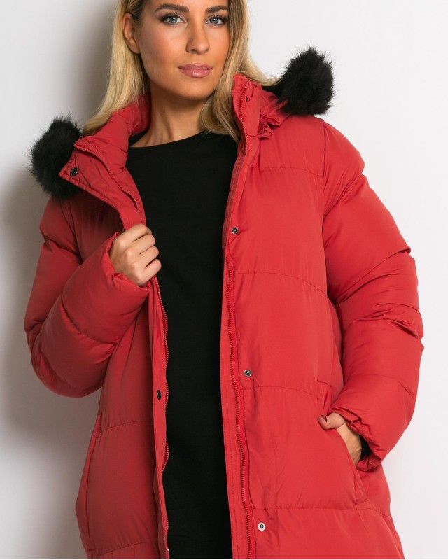 Μπουφάν μακρύ με αποσπώμενη κουκούλα κοραλί