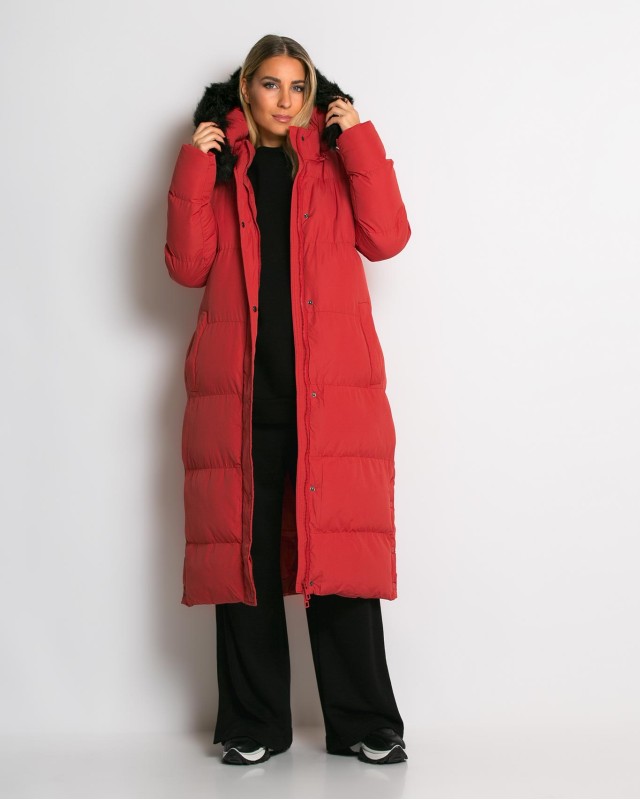 Μπουφάν μακρύ με αποσπώμενη κουκούλα κοραλί