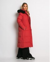 Μπουφάν μακρύ με αποσπώμενη κουκούλα κοραλί