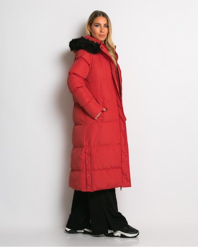 Μπουφάν μακρύ με αποσπώμενη κουκούλα κοραλί