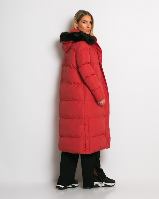 Μπουφάν μακρύ με αποσπώμενη κουκούλα κοραλί